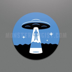 May include: A blue and black UFO with a white beam of light shining down on a person standing in the middle of the beam. The UFO is hovering over a black landscape with white stars in the sky.