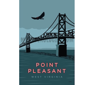 Impression 4 x 6 de carte postale de voyage Mothman de Point Pleasant, Virginie-Occidentale | art cryptozoologique cryptide