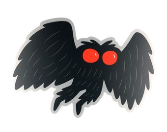 May include: Black and white sticker of a moth with large red eyes. The moth has feathery wings and a fuzzy body.