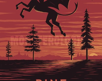 May include: A black silhouette of a winged horse, or griffin, flying over a red sunset landscape with pine trees. The text "PINE BARRENS NEW JERSEY" is at the bottom of the image.