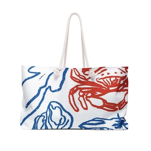 Coastal Seafood Sketch Weekender bag | Crab Lobster Clam Nautical Tote