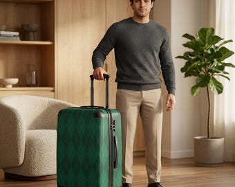 Green Argyle Pattern Golf Suitcase | Travel Luggage with Diamond Plaid Design