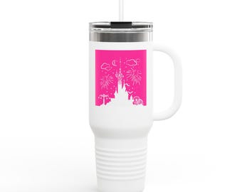 Taza de viaje Disney con diseño de castillo de cuento de hadas rosa / Vaso térmico de 40 oz