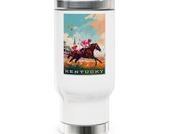 Taza de viaje con póster de carreras de caballos de Kentucky / Acero inoxidable de 414 ml (14 oz)