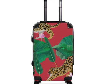 Leopard Tropical Leaves Suitcase | Red Botanical Luggage Cover