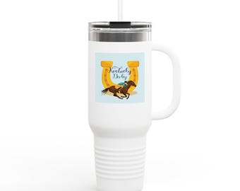 Tazza termica da viaggio isolata da 40 once con logo del Kentucky Derby, cavallo e ferro di cavallo / Bicchiere con logo delle corse