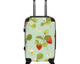 Strawberry Floral Suitcase | Pastel Green Luggage, Fruit Pattern Travel Case