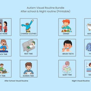 May include: A printable visual routine bundle for children with autism, showing after-school and night routines. The illustrations depict activities such as arriving home, changing clothes, dinner, wash/bath, snack time, rest time, brushing teeth, and wearing pyjamas.