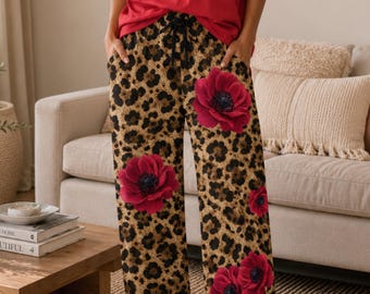 Pantaloni con stampa leopardata e anemone, pantaloni da pigiama leopardati a gamba larga, pantaloni da casa con stampa animalier, pantaloni da pigiama da donna con stampa selvaggia, pigiami con stampa animalier