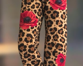 Leopard Print Wide Leg Pajama Pants, Satin Sleepwear, Bold Floral Loungewear