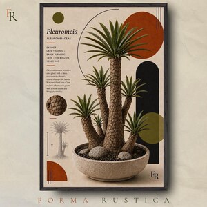 Puede incluir: Una lámina botánica enmarcada que muestra una planta Pleuromeia con un tronco grueso y texturizado y hojas en forma de cinta en un cuenco. El póster incluye texto sobre la planta extinta, un dibujo a escala de 1m y formas geométricas en óxido y oliva.