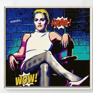 May include: A pop art style print featuring a person with short blonde hair wearing a white sleeveless top and fishnet stockings, seated in a chair. The background is a blue brick wall with text bubbles containing the words WONDERFUL, KRAK, and WOW.