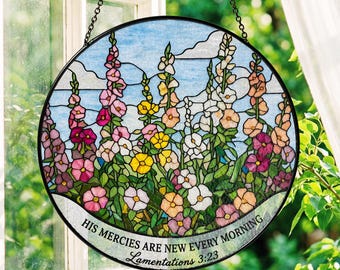 ステンドグラスのサンキャッチャー、花柄の聖書の一節アート、キリスト教のホームデコレーション、哀歌 3:23