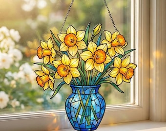 水仙の花瓶 アクリル製 サンキャッチャー、水仙 3月誕生月 窓飾り、おばあちゃんへの母の日ギフト、お母さんへのプレゼント、春の飾り