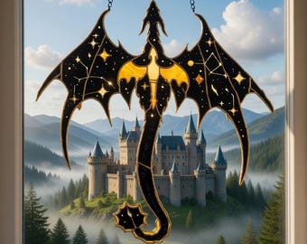 第四の翼を持つドラゴンのサンキャッチャー、フェイクガラスアート、オニキスストームデコレーション、アイアンフレームの窓掛け