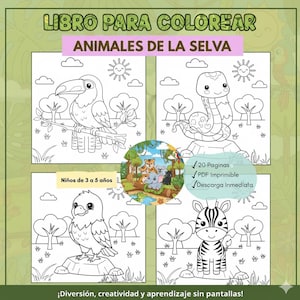 Libro para colorear niños de 3 a 5 años | animales de la selva | actividades infantiles imprimibles | PDF imprimible | Actividad infantil