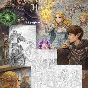 May include: A coloring book titled "Luz de Elfos: El Sacrificio del Heredero" with fantasy anime illustrations. The cover features a dark-robed figure and elven characters. The book contains 35 pages of black and white drawings.