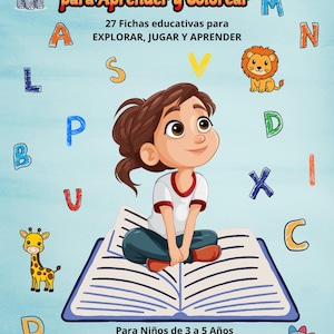 May include: A colorful children's educational book cover with the title "Mi Abcedario Magico para Aprender y Colorear". The cover features a cartoon girl, letters of the alphabet, and various illustrations, including animals and fruits. The book is for children aged 3 to 5.