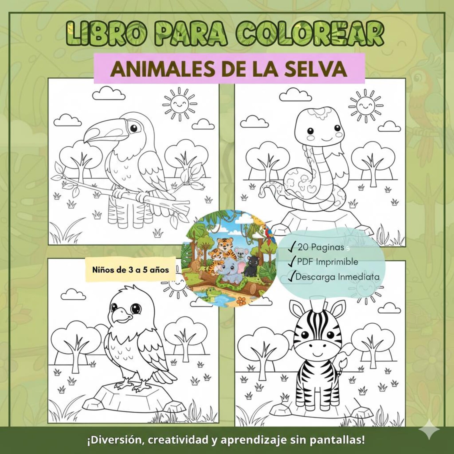 Libro Para Colorear Niños De 3 a 5 Años | Animales De La Selva ...