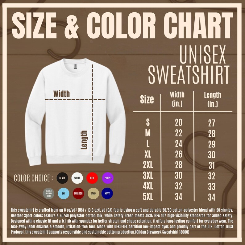 K&ouml;nnte beinhalten: Wei&szlig;es Unisex-Sweatshirt mit Gr&ouml;&szlig;en- und Farbtabelle. Die Tabelle zeigt die Ma&szlig;e in Zoll f&uuml;r die Gr&ouml;&szlig;en S bis 5XL. Farboptionen sind Schwarz, Wei&szlig;, Rot, Lila, Heather Grey, Sky, Maroon, Sand und Navy.