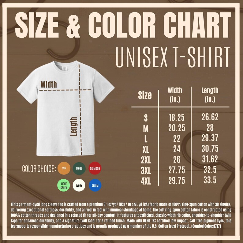K&ouml;nnte beinhalten: Wei&szlig;es Unisex-T-Shirt mit Gr&ouml;&szlig;en- und Farbtabelle. Die Tabelle zeigt Ma&szlig;e in Zoll f&uuml;r die Gr&ouml;&szlig;en S bis 4XL. Farbauswahl: Tan, Moos, Karmesinrot, Hellgr&uuml;n, Elfenbein und Denim. Das Shirt besteht aus weicher Ringspinnbaumwolle.