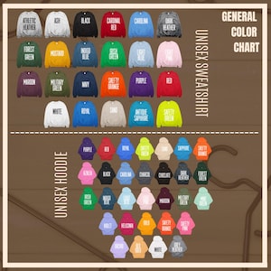 K&ouml;nnte beinhalten: Eine Farbkarte mit Unisex-Sweatshirts und -Hoodies in verschiedenen Farben. Die Karte zeigt Farben wie Schwarz, Rot, Blau, Gr&uuml;n und Orange. Der Text auf der Karte gibt die Farbbezeichnungen an.