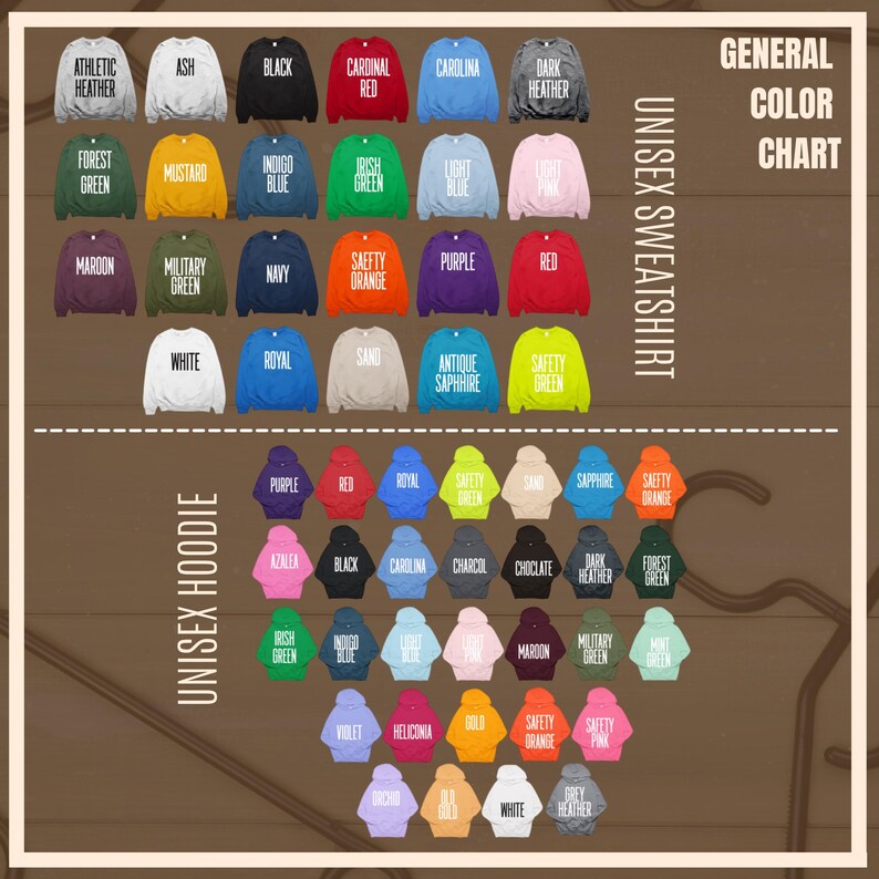 K&ouml;nnte beinhalten: Eine Farbkarte mit Unisex-Sweatshirts und -Hoodies in verschiedenen Farben. Die Karte zeigt Farben wie Schwarz, Rot, Blau, Gr&uuml;n und Orange. Der Text auf der Karte gibt die Farbbezeichnungen an.