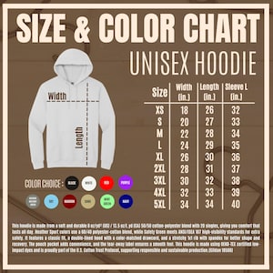 K&ouml;nnte beinhalten: Ein wei&szlig;er Unisex-Hoodie mit einer Gr&ouml;&szlig;en- und Farbtabelle. Die Tabelle listet die Gr&ouml;&szlig;en XS bis 5XL mit Breiten-, L&auml;ngen- und &Auml;rmelma&szlig;en in Zoll auf. Farboptionen sind Schwarz, Wei&szlig;, Rot, Lila und andere. Der Hoodie besteht aus einer Baumwoll-Polyester-Mischung.
