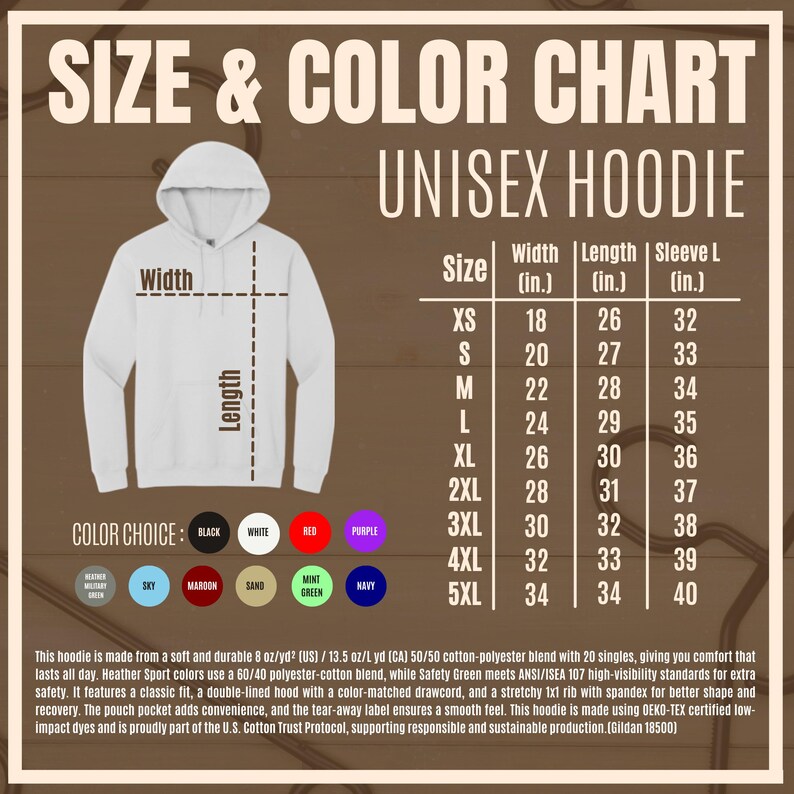K&ouml;nnte beinhalten: Ein wei&szlig;er Unisex-Hoodie mit einer Gr&ouml;&szlig;en- und Farbtabelle. Die Tabelle listet die Gr&ouml;&szlig;en XS bis 5XL mit Breiten-, L&auml;ngen- und &Auml;rmelma&szlig;en in Zoll auf. Farboptionen sind Schwarz, Wei&szlig;, Rot, Lila und andere. Der Hoodie besteht aus einer Baumwoll-Polyester-Mischung.