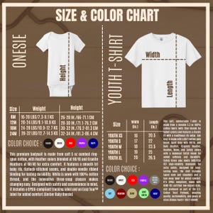K&ouml;nnte beinhalten: Gr&ouml;&szlig;en- und Farbtabelle f&uuml;r Baby-Bodys und Jugend-T-Shirts. Die Tabelle enth&auml;lt Gr&ouml;&szlig;en-, Gewichts- und H&ouml;henangaben f&uuml;r Bodys sowie Breite und L&auml;nge f&uuml;r T-Shirts. Farboptionen sind Schwarz, Wei&szlig;, Rot, Lila und Marineblau.
