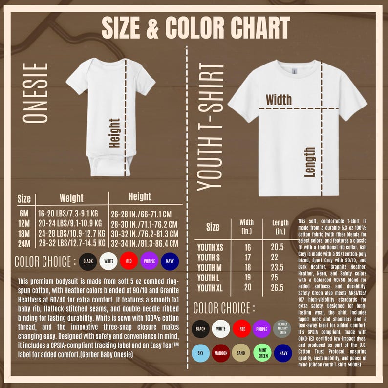 K&ouml;nnte beinhalten: Gr&ouml;&szlig;en- und Farbtabelle f&uuml;r Baby-Bodys und Jugend-T-Shirts. Die Tabelle enth&auml;lt Gr&ouml;&szlig;en-, Gewichts- und H&ouml;henangaben f&uuml;r Bodys sowie Breite und L&auml;nge f&uuml;r T-Shirts. Farboptionen sind Schwarz, Wei&szlig;, Rot, Lila und Marineblau.