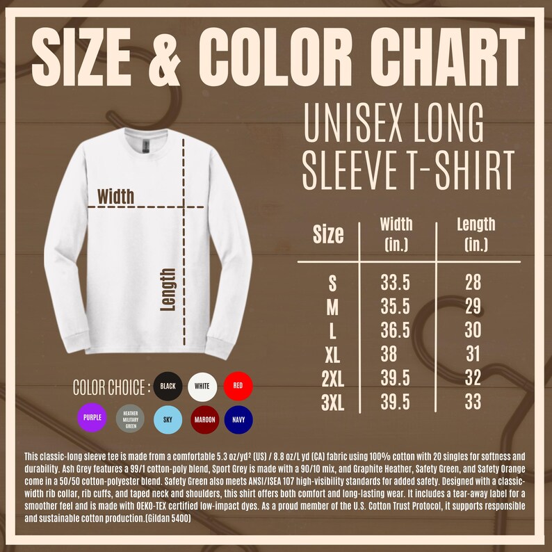 K&ouml;nnte beinhalten: Wei&szlig;es Unisex-Langarm-T-Shirt mit Gr&ouml;&szlig;en- und Farbtabelle. Die Tabelle listet die Gr&ouml;&szlig;en S-3XL mit Breiten- und L&auml;ngenma&szlig;en in Zoll auf. Zu den Farboptionen geh&ouml;ren Schwarz, Wei&szlig; und Rot.
