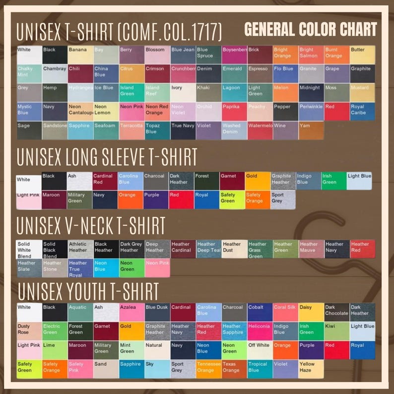 K&ouml;nnte beinhalten: Farbtabelle f&uuml;r Unisex-T-Shirts, Langarmshirts, V-Ausschnitt-Shirts und Jugend-T-Shirts. Enth&auml;lt eine gro&szlig;e Auswahl an Farben wie Wei&szlig;, Schwarz, Blau, Gr&uuml;n und Rot. Die Tabelle listet auch Stoffart und Stil auf.