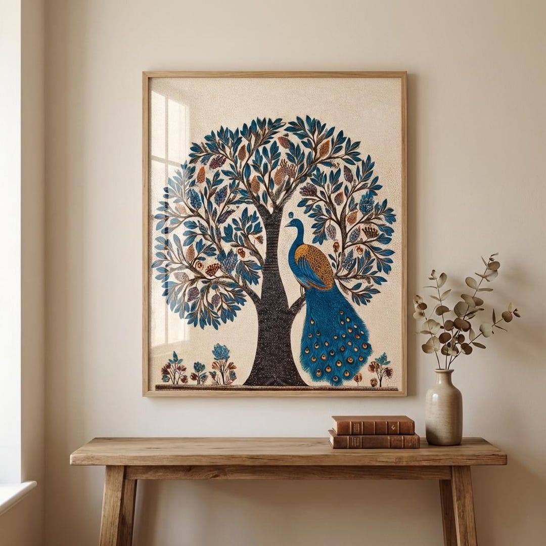 Madhubani Painting Tree of Life With Peacock Wall Print: Indian ...