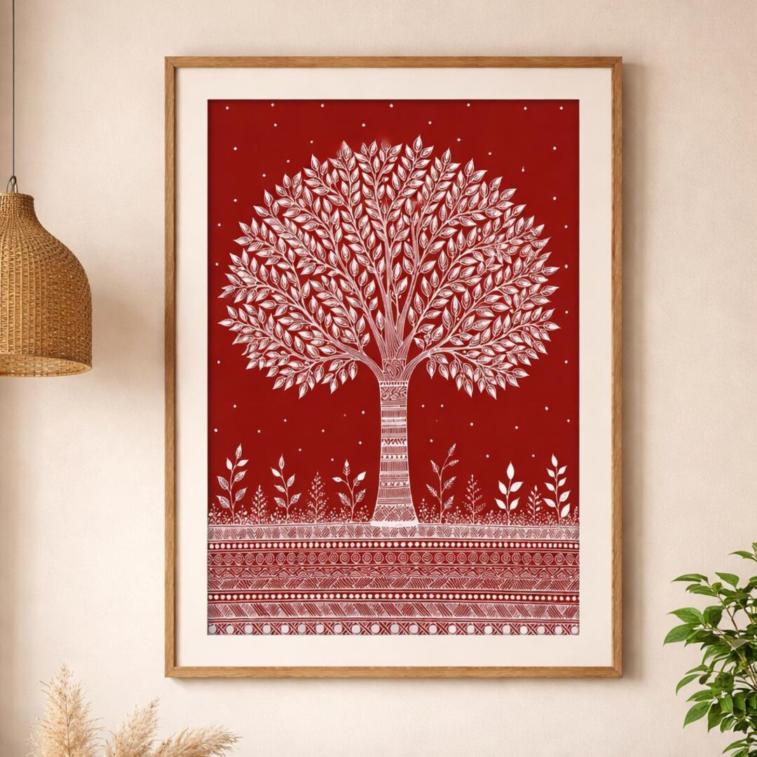 Red Madhubani Painting - Tree of Life Indian Wall Art Print ...