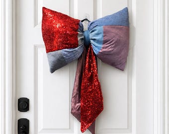 Large Upcycled Patriotic Door Bow | Handmade Front Door Decoration from Reclaimed Fabrics | Red White Blue Americana Porch Decor