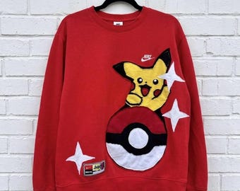 Upcycled Pikachu Pokémon Crewneck | Handmade Anime Sweatshirt | Custom Embroidered Red Streetwear | One of a Kind Sustainable Gift