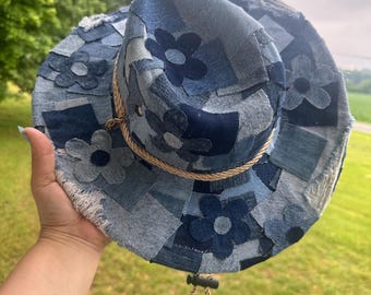 Upcycled Denim Cowboy Hat | Handmade Patchwork Festival Hat | Boho Western Bride & Bachelorette Hat | Country Concert Outfit