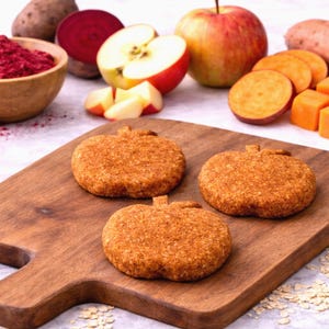 May include: Three pumpkin-shaped biscuits on a wooden chopping board. The biscuits are light brown with a textured surface. Apples, sweet potatoes, beetroot, and a bowl of red powder are in the background.