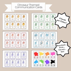 Puede incluir: Tarjetas de comunicación con temática de dinosaurios que muestran diversas emociones y necesidades. Cada tarjeta presenta un dinosaurio de dibujos animados que expresa sentimientos como feliz, triste o hambriento. Incluye muestras de color e instrucciones: ¡Descargar, Imprimir, Recortar, Usar!