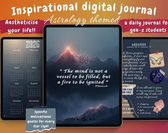 May include: Digital journal with an astrology theme, featuring a 2026 calendar, inspirational quotes, and daily journal pages. The journal is designed for gen-z students and includes specific motivational quotes for each star sign.