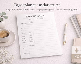 May include: A white A4 undated Tagesplaner with the text "Tagesplaner undatiert A4" and "TOP 3 AUFGABEN". A white pen, a cup of coffee, and a small plant are on the white surface.
