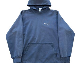 Vintage 90's Champion Reverse Weave Thrashed Hoodie Navy Mens Size XL
