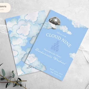 Editable Cloud Nine Bachelorette Invitation Template | Blue Disco Bridal Party Invite | Canva Printable | Instant Download
