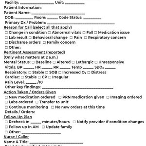 May include: A white paper form titled "ON-CALL / AFTER-HOURS NOTES" with sections for patient information, vital signs, and action taken. The form includes checkboxes and lines for handwritten notes.