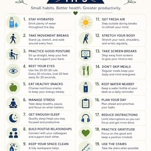May include: An infographic titled OFFICE HEALTH & WELLNESS TIPS featuring twenty numbered points with icons and text. The list includes advice like stay hydrated, take movement breaks, practice good posture, rest your eyes, and eat healthy snacks.