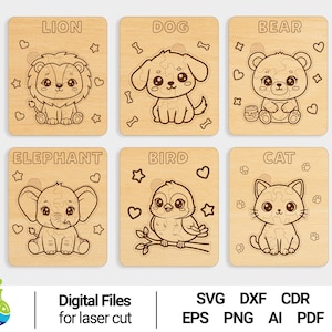 Baby Animal Laser Cut Puzzle Bundle - 6 Wooden Jigsaw Designs for Kids - Digital Download