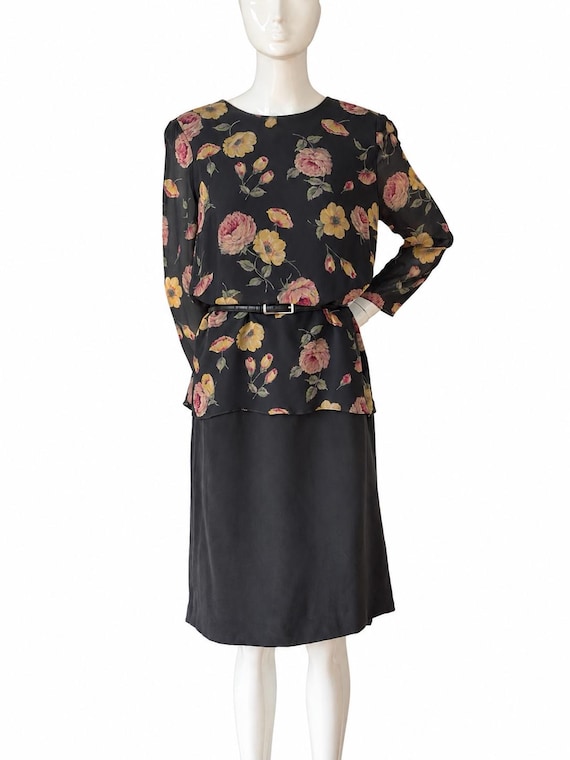 Akris, Vintage AKRIS Silk Floral Dress Made in Switzerland Charcoal Gray Shift Dress Long Sleeve Designer Midi Dress Minimalist Luxury