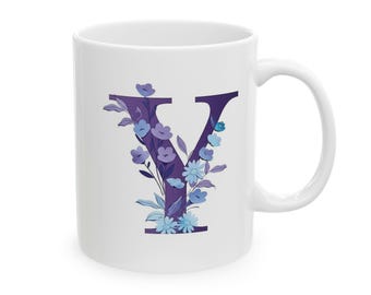 Keramisk mugg med initialer och blomma, personlig kaffekopp, present till henne, bokstaven Y