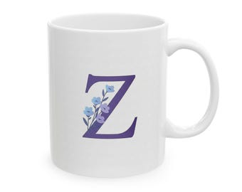 Keramisk mugg med initialer och blomma, personlig kaffekopp, present till henne, bokstaven Z